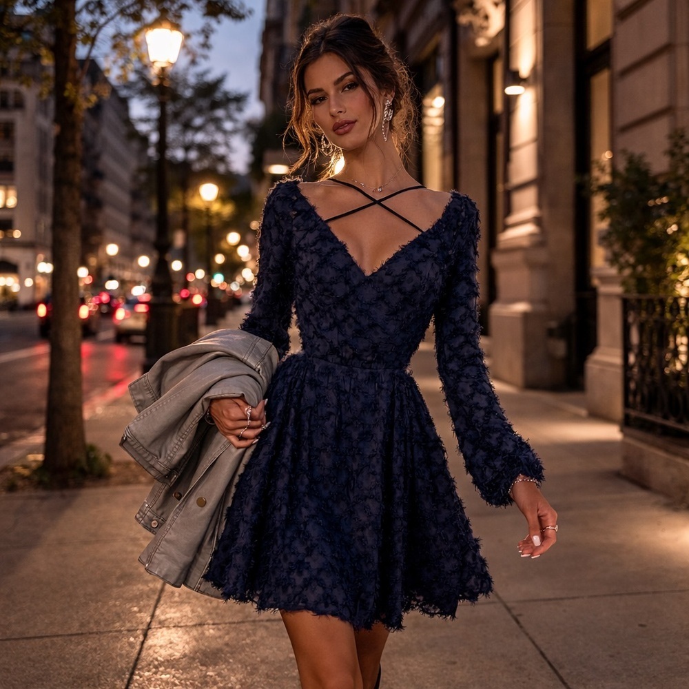 Current Air Textured Clip-Dot Cutout Lace-Up Back Mini Dress in Navy, Size S NWT